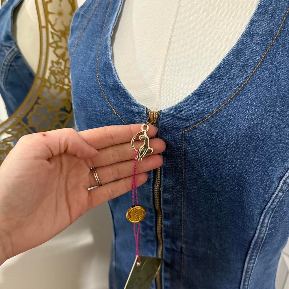 NWT Baby Phat Blue Denim & Gold Hardware Halter Neck Backless Mini Dress M - Picture 3 of 8